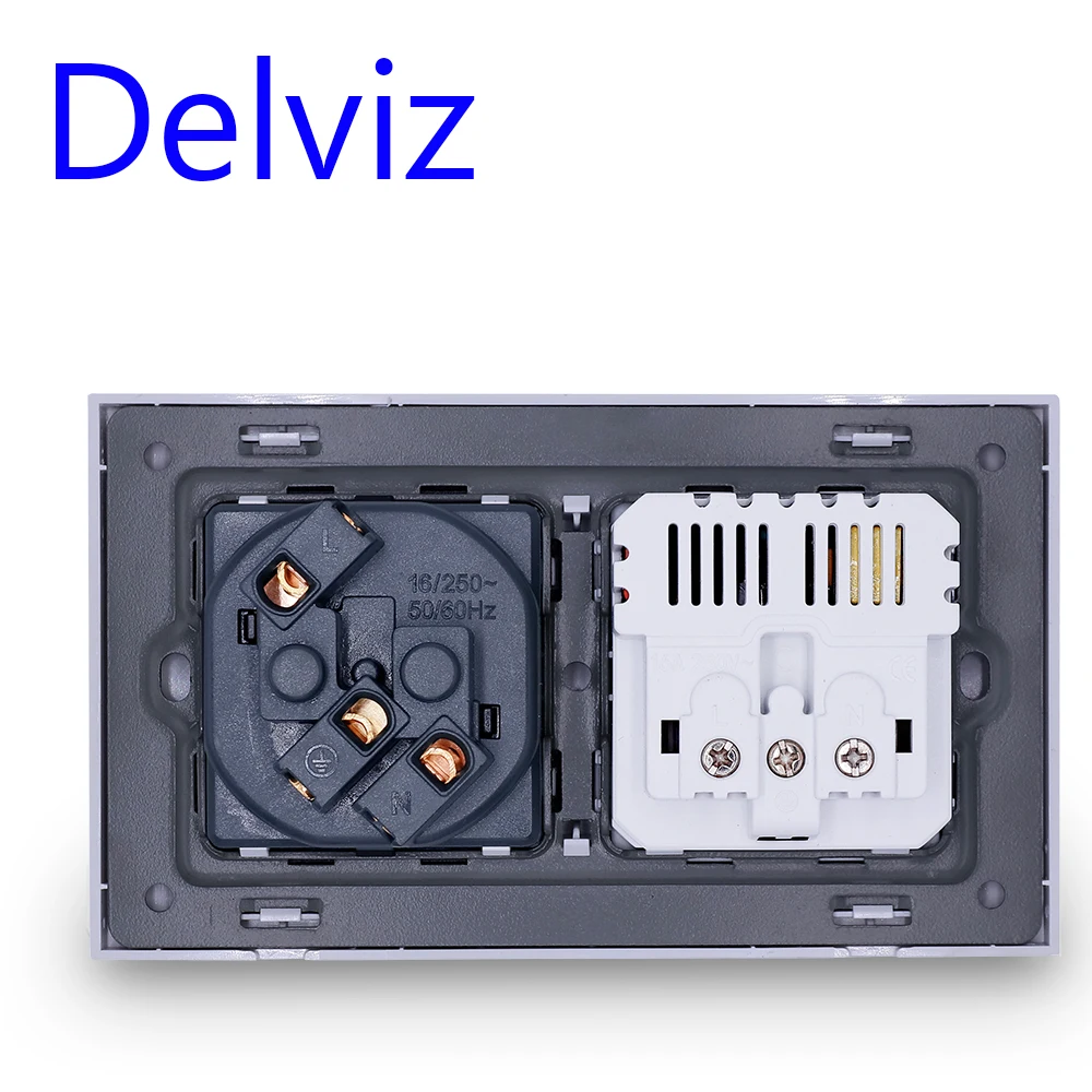 Delviz EU Standard wall socket, Black Panel household interface, AC 110V~250V 146mm*86mm, 16A Power Wall Embedded Double Outlet