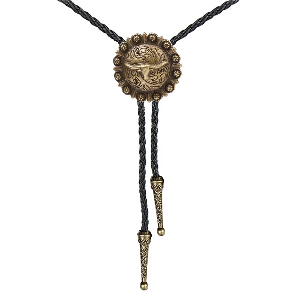 New western bull head bolo tie retro shirt chain bolo collar rope leather necklace tie