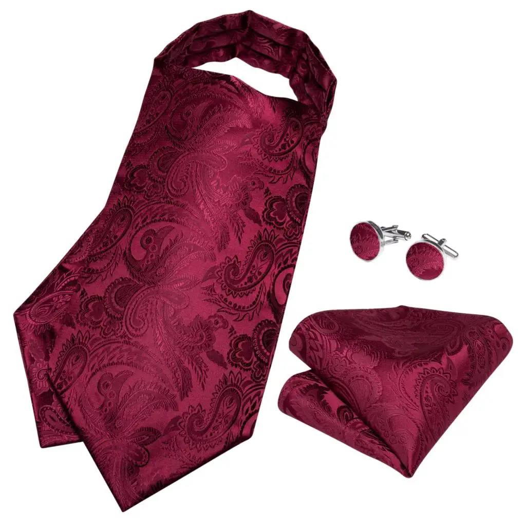Burgund Rot Paisley Männer Vintage Ascot Krawatte Hochzeit Formale Krawatte Ascot Luxus Krawatte Hanky Manschettenknöpfe Ring Set Für Party DiBanGu