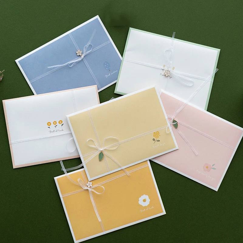 1Set Romantic Valentine\'s Day Cards Invitations with Envelopes Stickers Metal Pendants White Ribbons DIY Party Festive Supplies