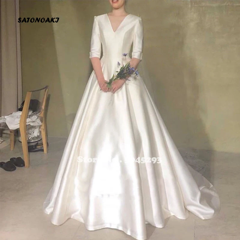 Vestido De Novia De satén con cuello en V, prenda elegante y sencilla De media manga, corte en A, color marfil, personalizado