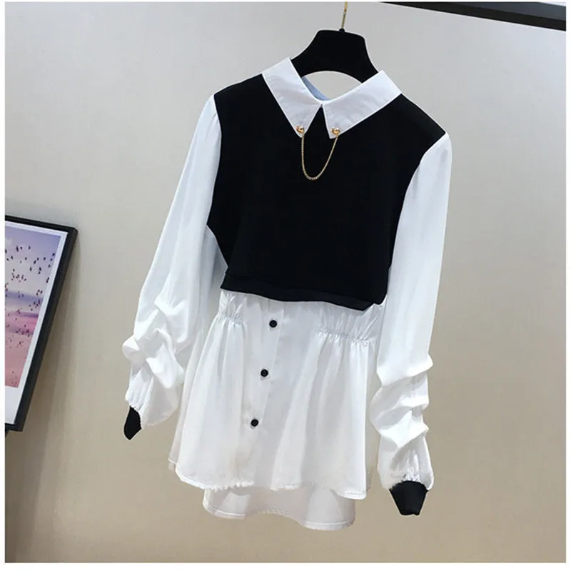 Spring Autumn Women Fake two-piece Shirt Stitching Long-sleeved Loose Blouses Plus size Personality Design Female Casual Tops