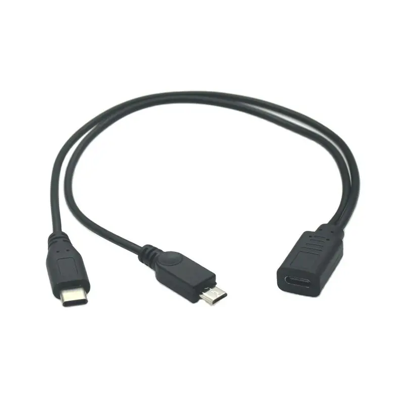 USB 3.1 Type-C 1 to 2 Type-C Female & Micro USB 5P & Type-B Printer Female to 2 Male Y Splitter Charging Extension Cable 30CM