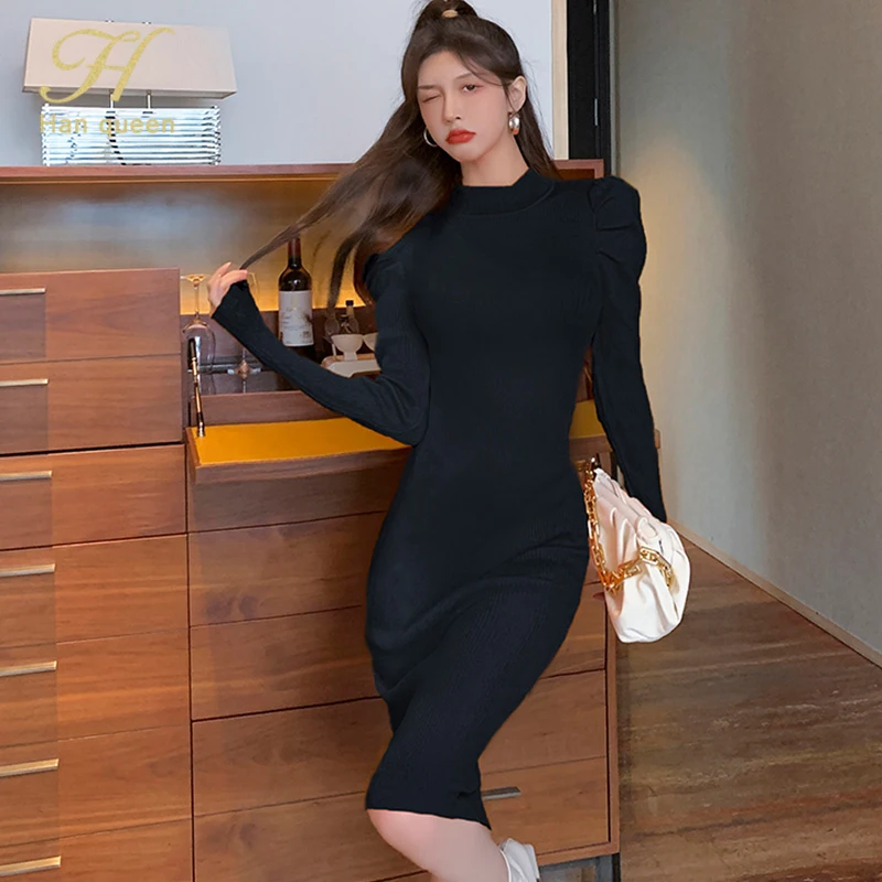 H Han Queen Autumn Long Sleeve Puff Sleeve Sweater Knit Dress Bottoming Simple Office Female Bottoming Pencil Knitted Vestidos