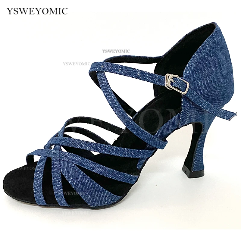 Scarpe da ballo da donna più recenti stile soletta più spessa Denim materiale superiore moda Bachata sala da ballo Salsa latina scarpe da ballo 9cm cubano