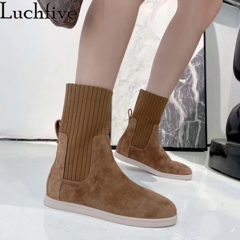 New High top Brand Ankle boots for Woman Suede Leather Elastic Knitted Slip-on Casual Short Boots Runway flat Shoes Woman