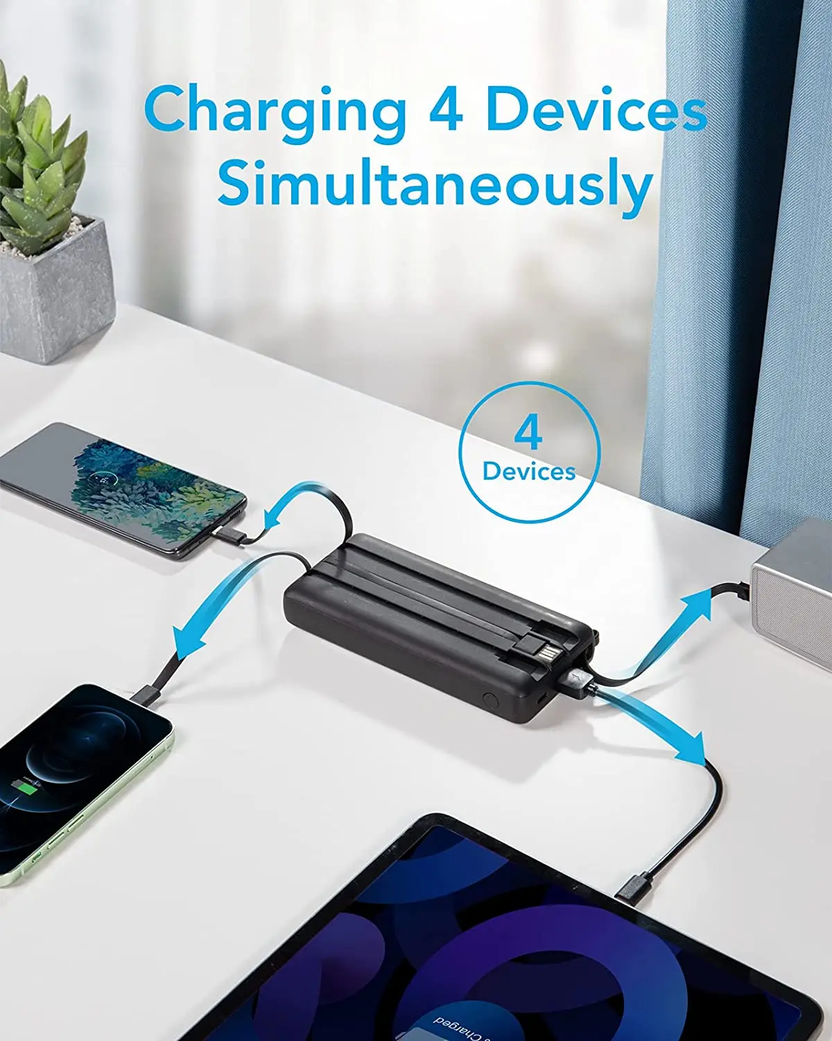 Portable Charger with Built in Cable,20000mAh Ultra Slim USB C Power Bank with 4 Outputs, External Battery Pack