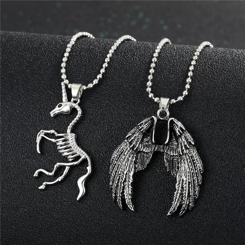 1PC Punk Gothic Evil Wings Unicorn Skeleton Necklace For Men Women Vintage Hiphop Rock Horse Skull Animals Chain Pendant Choker