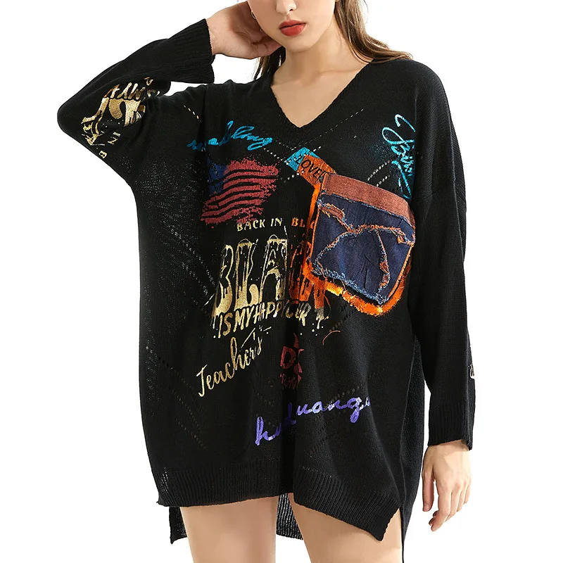 

Denim Pockets Spring Autumn Long Sleeve V Collar Vintage Street Cotton Pullover Loose Plus Size Bronzing Knitted Sweater Women