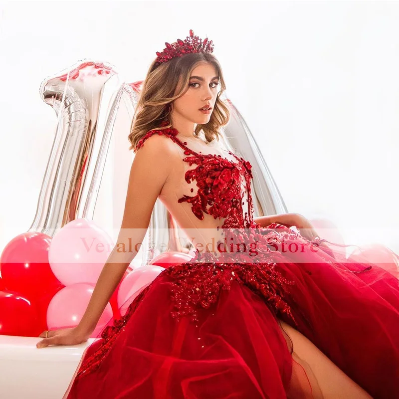 Red Prom Dress Sheer Neck 2021 Split Ball Gown Princess Quinceanera Dress Appliques Lace vestidos do baile de finalist