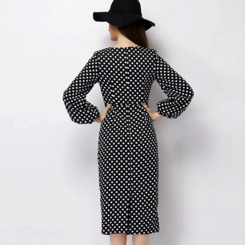 Plus Size Print Polka Dot Dress Women Long Lantern Sleeve Corset Package Hip Wrap Dress Women Sheath Black Red Fall Dress Ladies