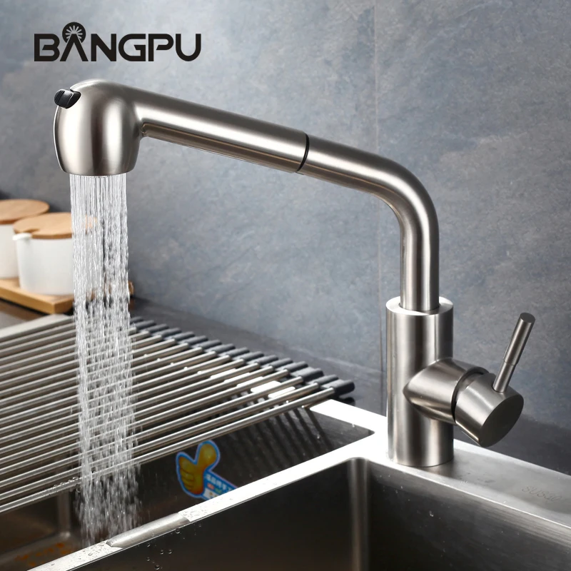 BANGPU Kitchen Pull Out Faucet Single Hole Sink Faucet Deck Mounted Stream Sprayer Nozzle Brushed Nickel