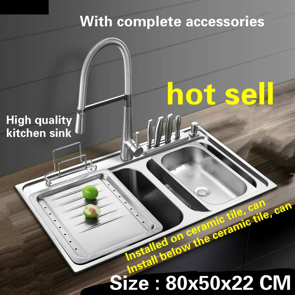 

Tangwu Luxurious kitchen sink 1 mm thick food grade 304 stainless steel durable large double slot whole drawing 80x50x22 CM