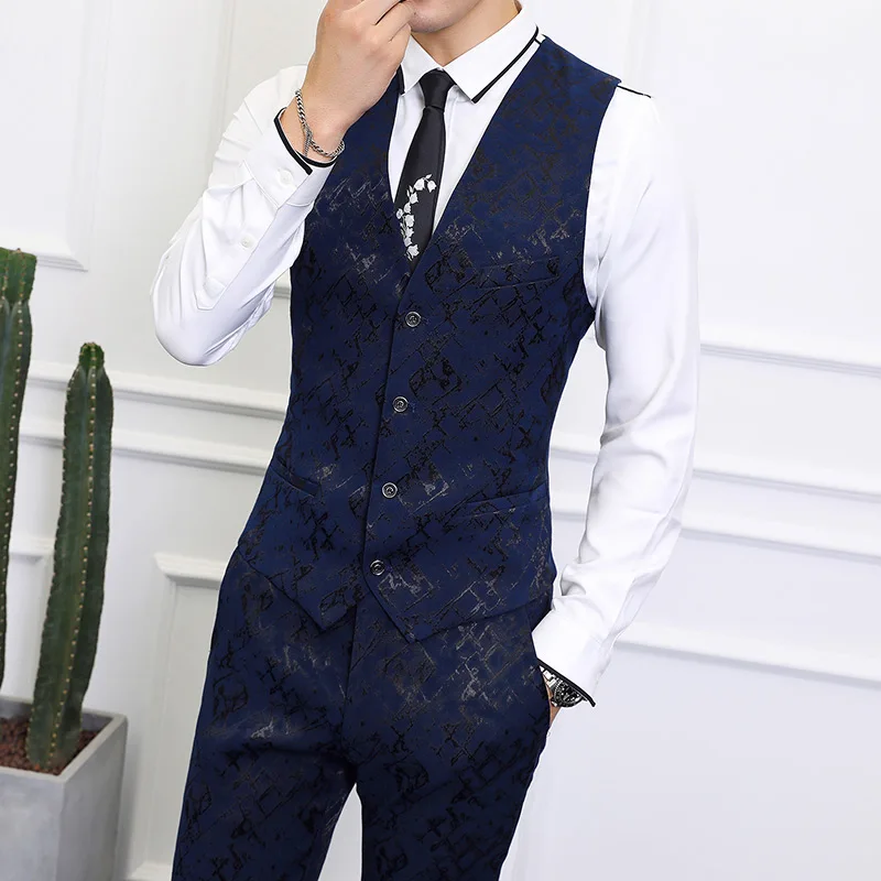 2021 Latest Coat +Vest+Pants / Flowers Design Black Blue Formal Evening Dress Slim Tuxedo Terno Men\'s Suit Suitable For Wedding