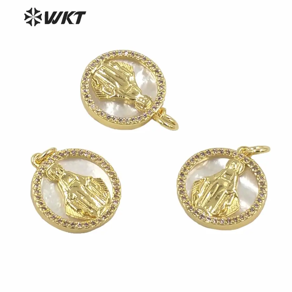 

MP155 High quality white mop shell pendant small size round coin pendant religious jesus Christ charms pendant in gold plated