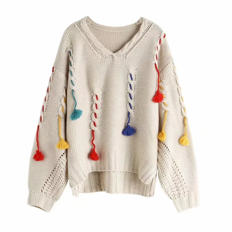 Loose V Neck Tassel Pullover Sweater Women's 2022 Autumn Winter Knitted Sweaters Female Jumper Vintage Knitwear