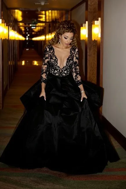 Платье женское Elegante Myriam Fares Vestidos de Três Quartos Lace Ver Através vestidos de Celebridades No Tapete Vermelho preto mãe dos vestidos de noiva