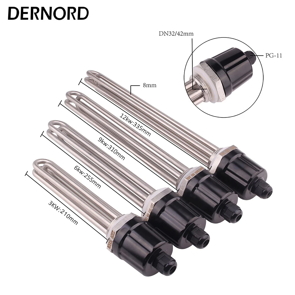 DERNORD elektryczny podgrzewacz wody DN32 gwint 42mm zanurzeniowy element grzejny SUS304 220V rurowy wzmacniacz 3KW 4.5KW 6KW 9KW 380V 12KW