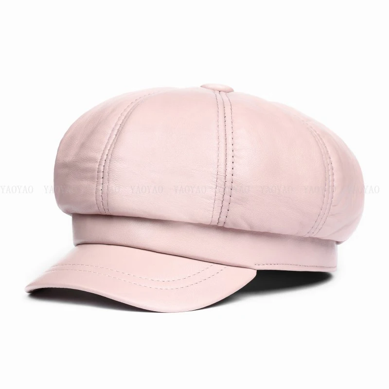 Winter/Spring Women Hat Genuine Leather Short Brim Caps Pink/Blue Dome Beret Hats