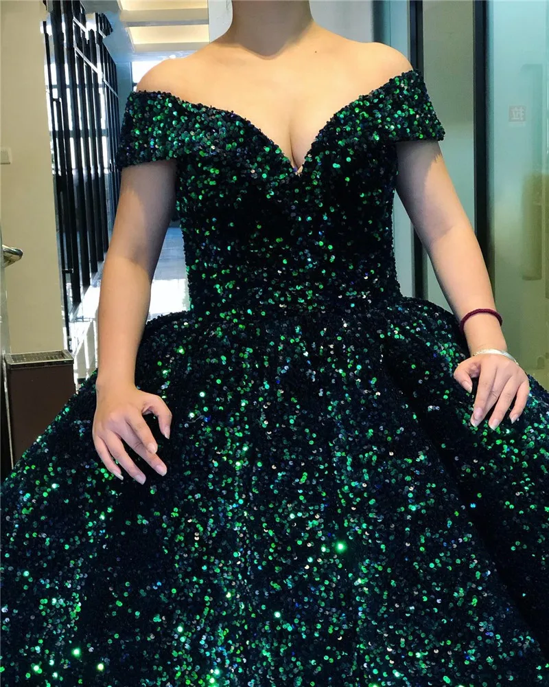 Vestidos de Noche verdes brillantes personalizados, vestidos de fiesta largos formales con lentejuelas y hombros descubiertos, vestidos de graduación hechos a medida para banquete 2025