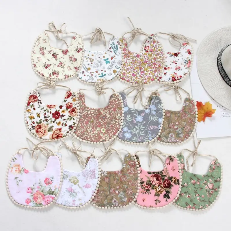 Cotton Vintage Floral Double Sided Baby Bibs Baby Girls Lace Saliva Towel Tassels Bib Newborn Feeding Burp Cloths Bandana Scarf