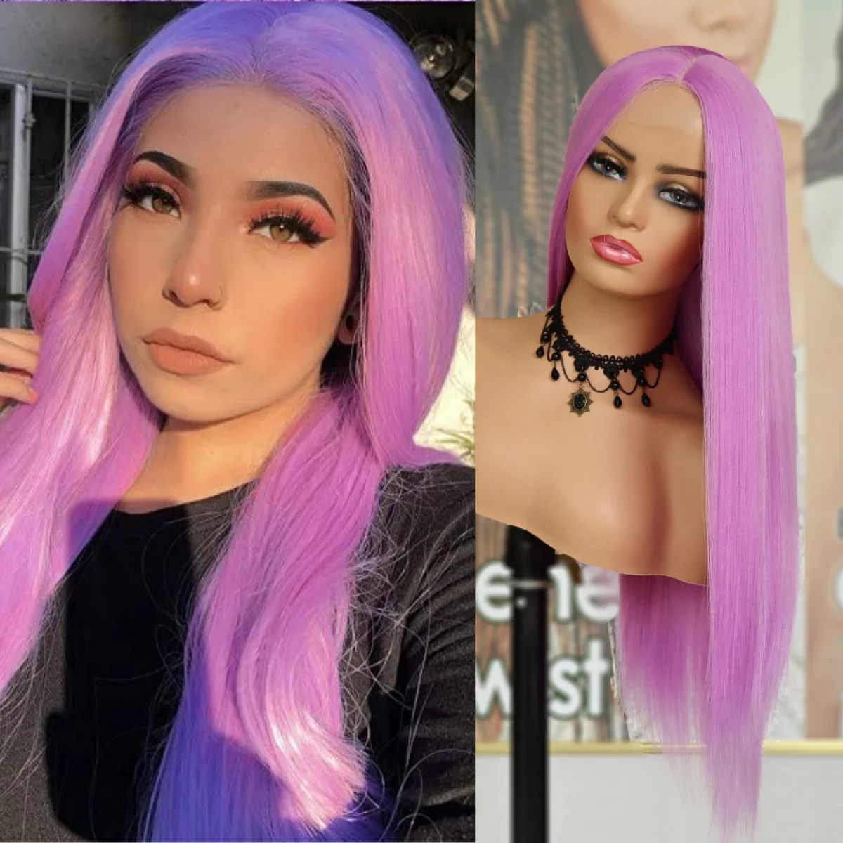 Lace Wigs Long Straight Hair Light Purple Color Wigs for Fashion Women Light Purple Synthetic Lace Wigs with Natural Baby Hair