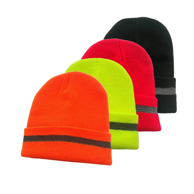 Cappello a cuffia in maglia invernale caldo ad alta visibilità cappellino lavorato a maglia ad alta visibilità con striscia riflettente per uomo e donna