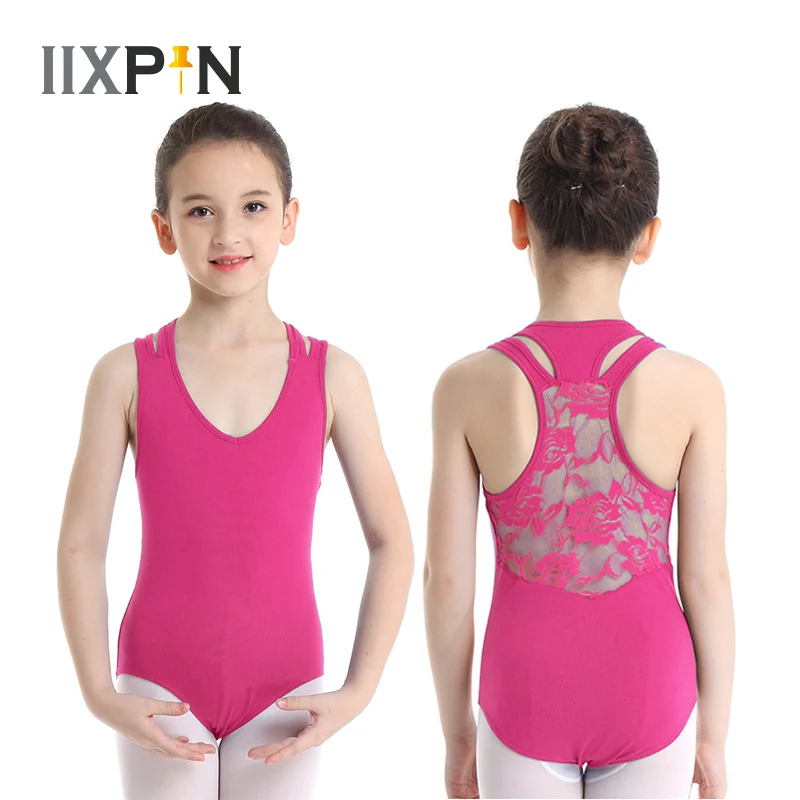 

Kid Girls Gymnastics Leotard Ballet ballerina dress Kids Sleeveless Lace Splice Racer Back Cotton Ballet Dance Costumes Jumpsuit