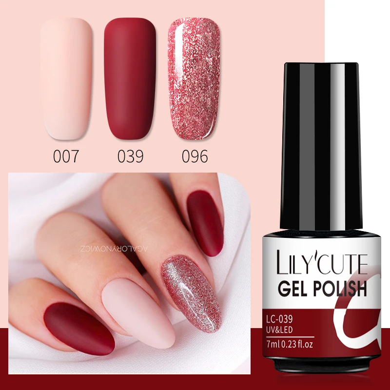 LILYCUTE 3PCs Rose Gold เจลเล็บชุดเล็บ Glitter เล็บเจลกึ่งถาวร Base Top Coat UV เจลเล็บ Art Design Hybrid