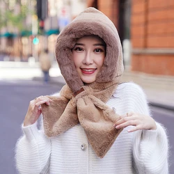 Hat Scarf One Female Winter Plush Thickened Cold Proof Warm Windproof Plush Scarf Ear Protection Girl Outdoor  Protection Khaki