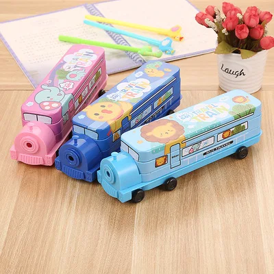 Tinplate pencil case for boys and girls, children's multifunctional cute train pencil case