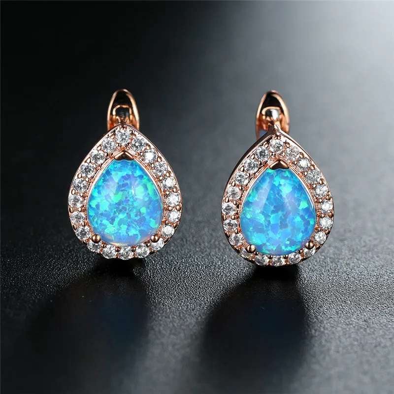 الفاخرة الإناث الأبيض الأزرق حلقان مصنعة من حجر الأوبال ارتفع الذهب الفضة اللون أقراط مشبكية الهندسة كريستال خمر أقراط الزفاف للنساء #2