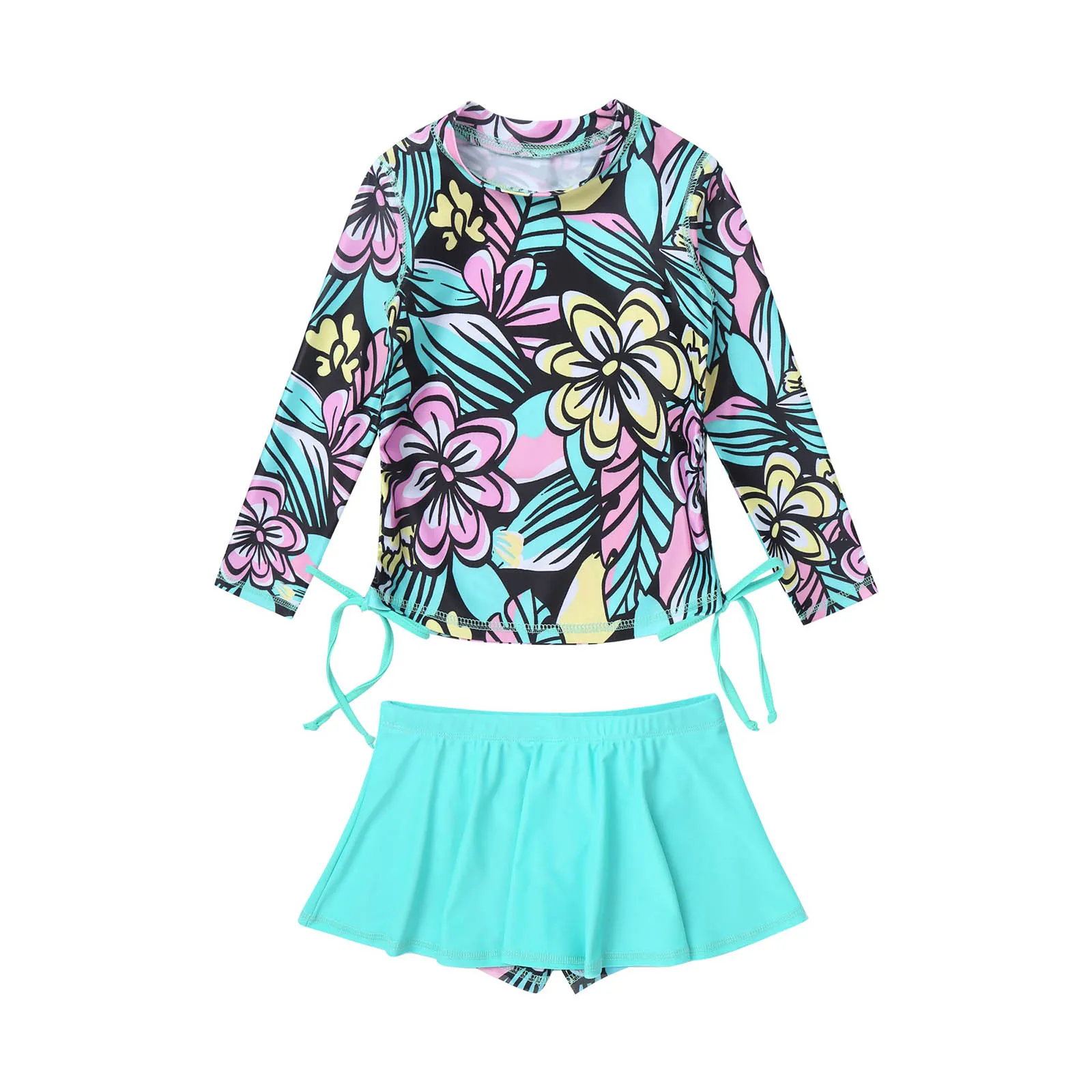 أطفال بنات قطعتين ثوب السباحة الأطفال ملابس السباحة زهرة ملابس منقوشة بكم طويل ملابس السباحة مع تنورة مجموعة ملابس السباحة الشاطئ