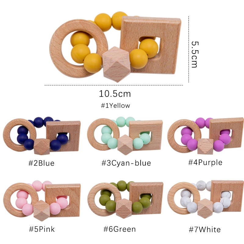 

1pc Baby Teether Wooden Rattle Teething Bracelet Beech Pendant Silicone Beads Ring Music Rattle BPA Free Montessori Baby Product