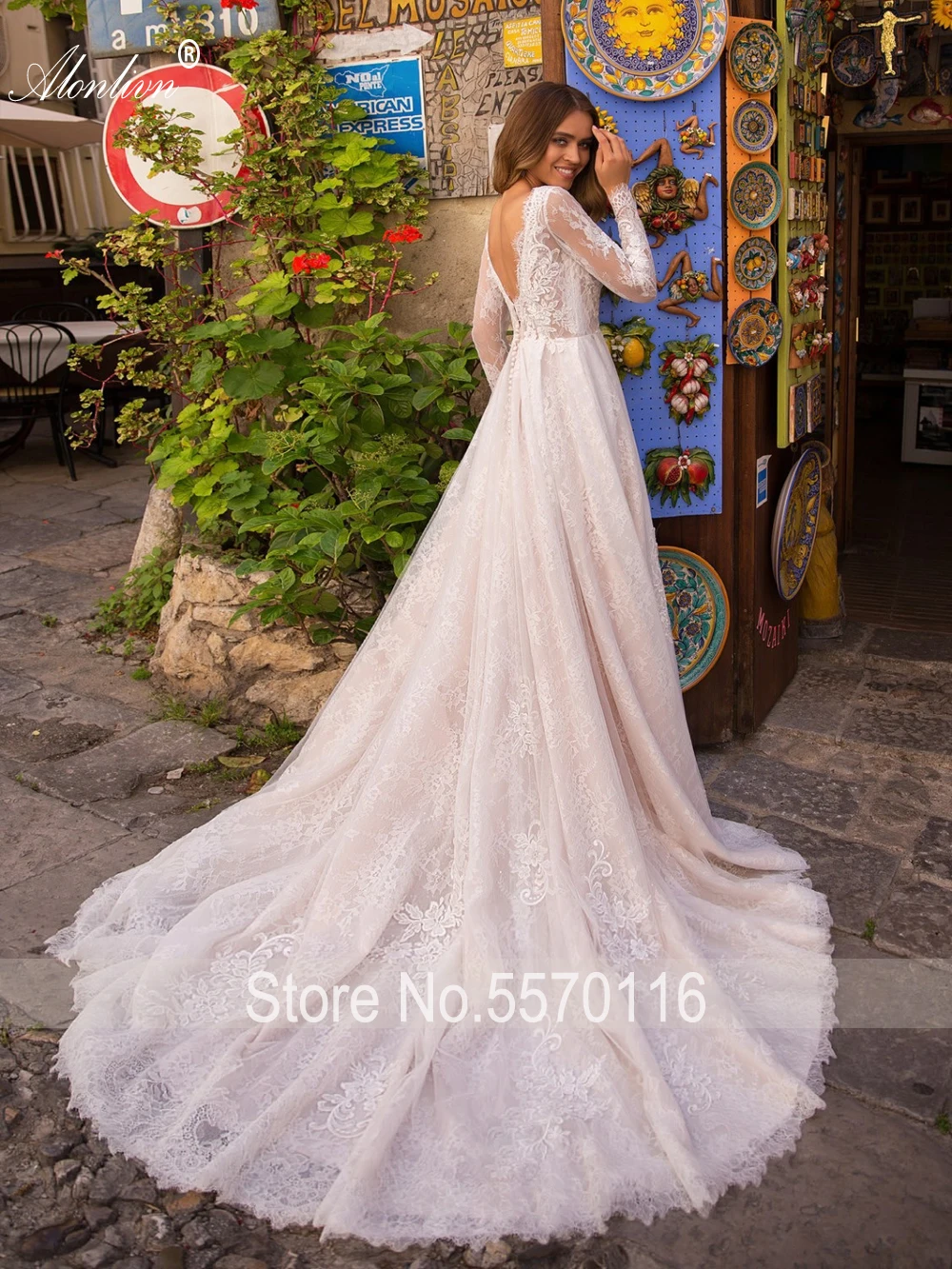 Alonlivn Elegant Appliques Lace Bride Dresses Floor-Length Full Sleeves Backless Wedding Gowns