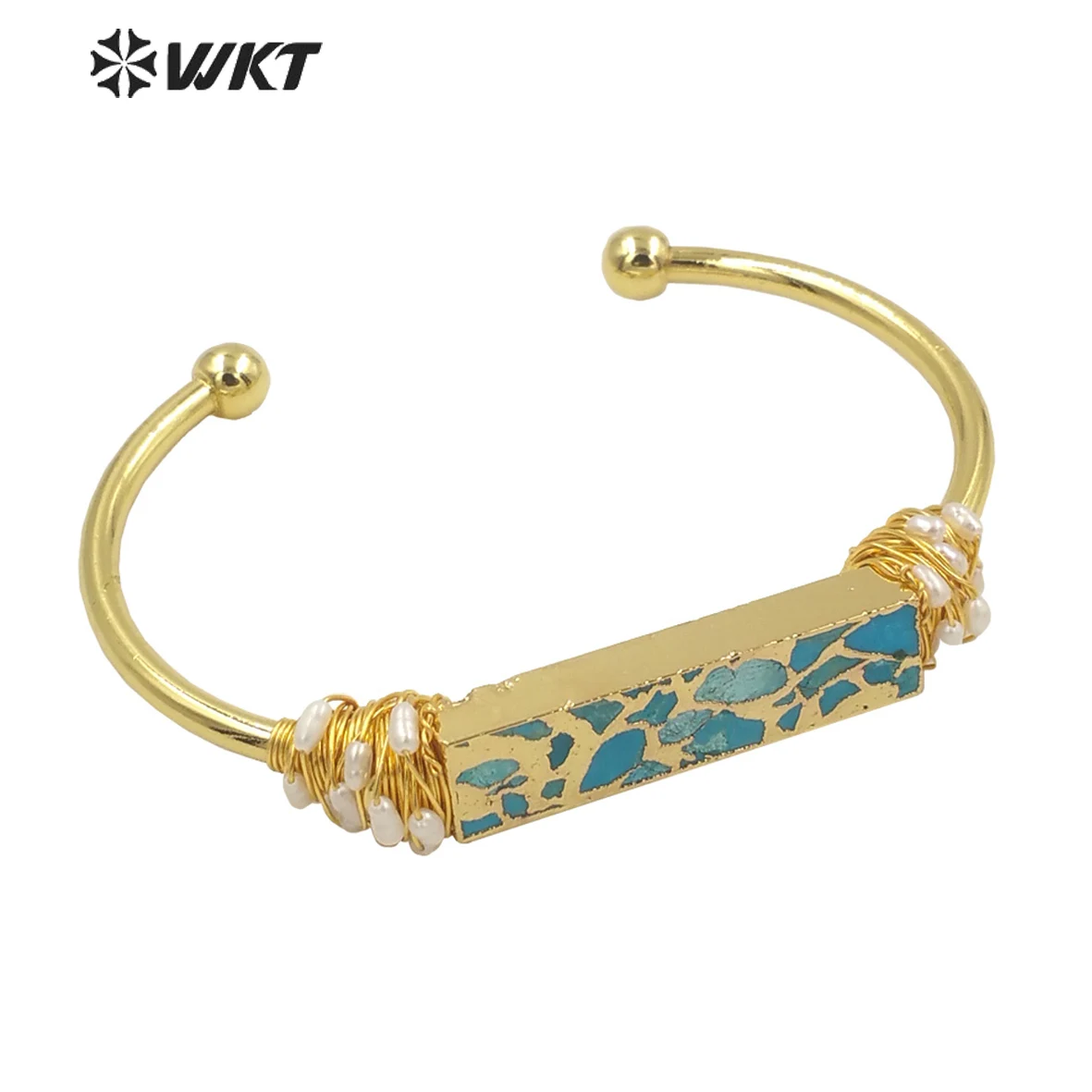 

WT-B581 Women Precious Gold Resist Tarnishable Natural Stone Bangle Wire Wrapped Copper Turquoises Pearl Charm Boho