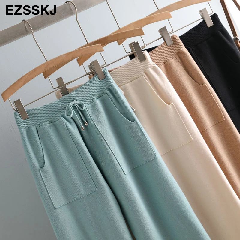 Women Elastic Waist Drawstring Trousers Thick Knitted Harem Pants Autumn Winter Sport pants sweater Knitted Carrot pants