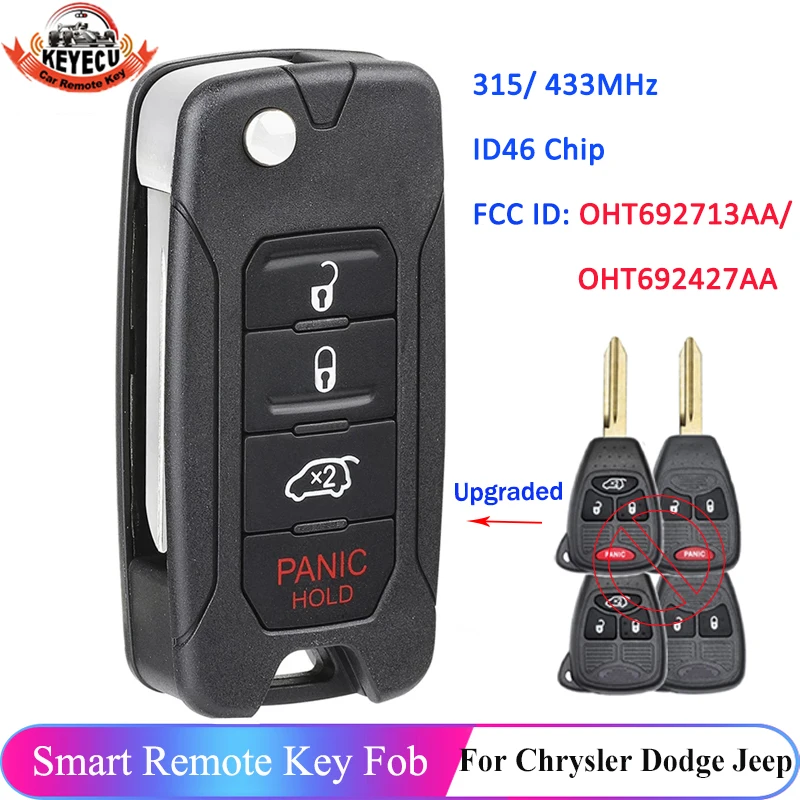 

KEYECU 315MHz 433MHz ID46 Chip Modified Flip Folding 4 Button For Chrysler 200 300 Sebring PT Cruiser Liberty Remote Car Key Fob