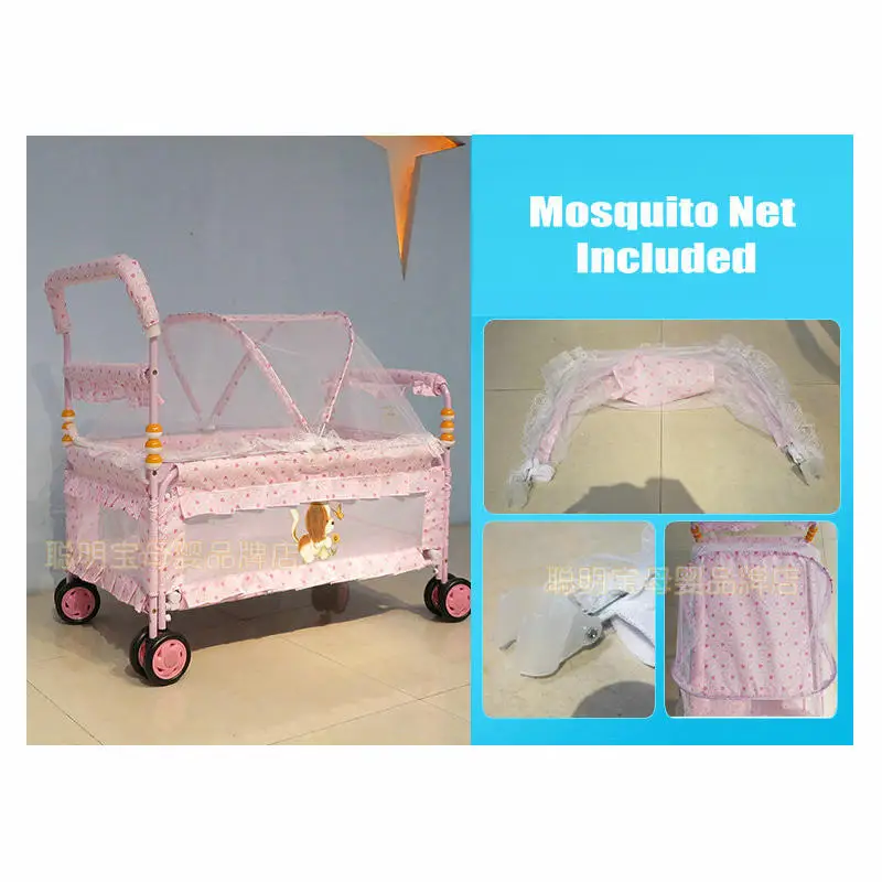 Multifunctional Baby Crib Have Mattress & Mosquito Net, Can Convert to Kids Stroller, Portable Cot with 4 Wheels