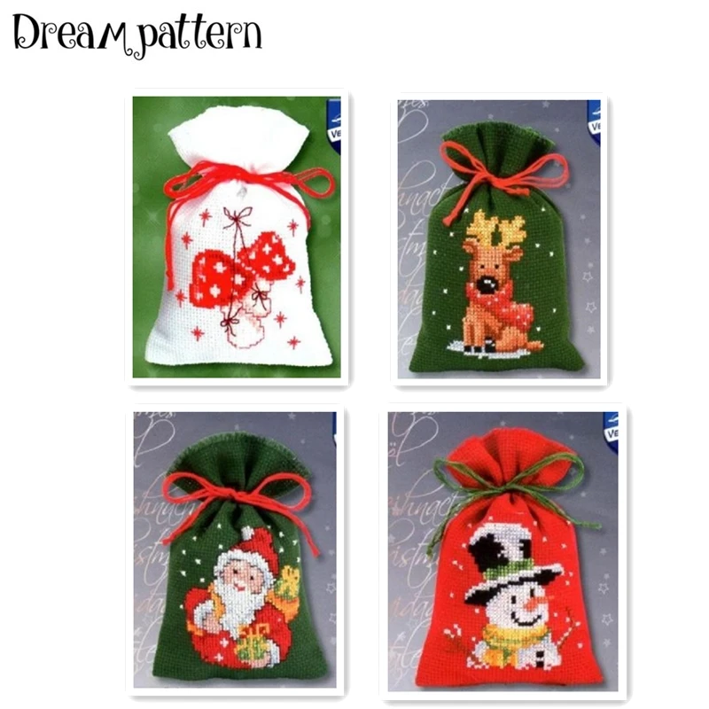 Christmas bag cross stitch kit package Santa Claus bag 14ct  white green red cloth thread embroidery DIY handmade needlework