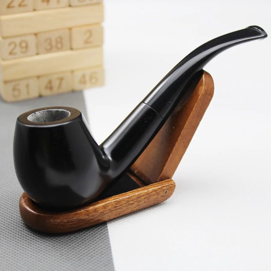 Handmade Nature Ebony Wood Bent Type Round Smoking Pipe Tobacco Wooden Smoke Pipe Gift 10pc 9mm Filters + Pouch + Holder #508bS