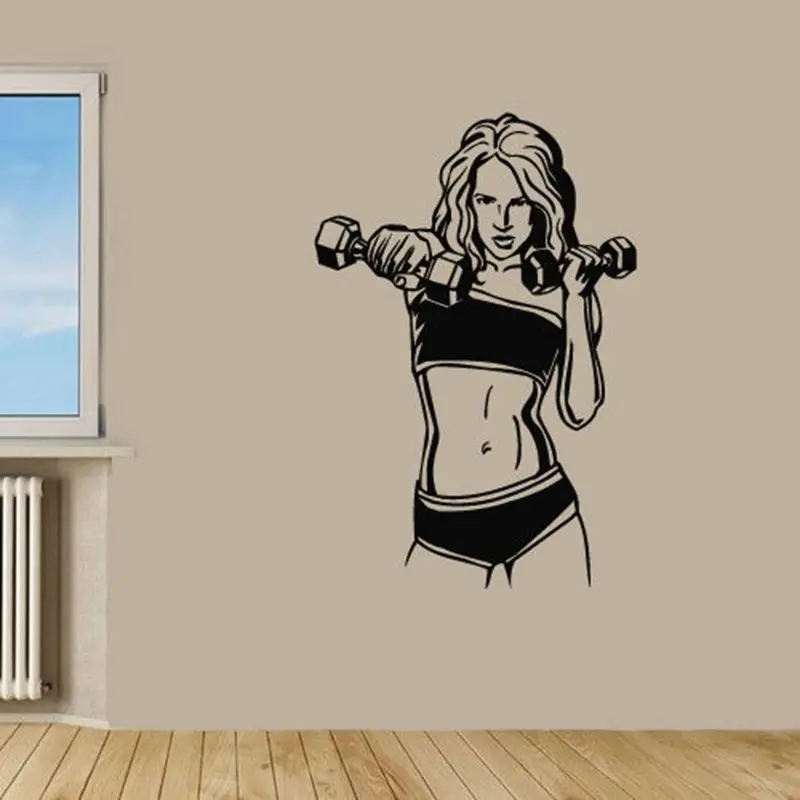 Gym Sticker Fitness Girl Dumbbell Decal Body-building Posters Vinyl Wall Decals Pegatina Decor Mural Gym Sticker