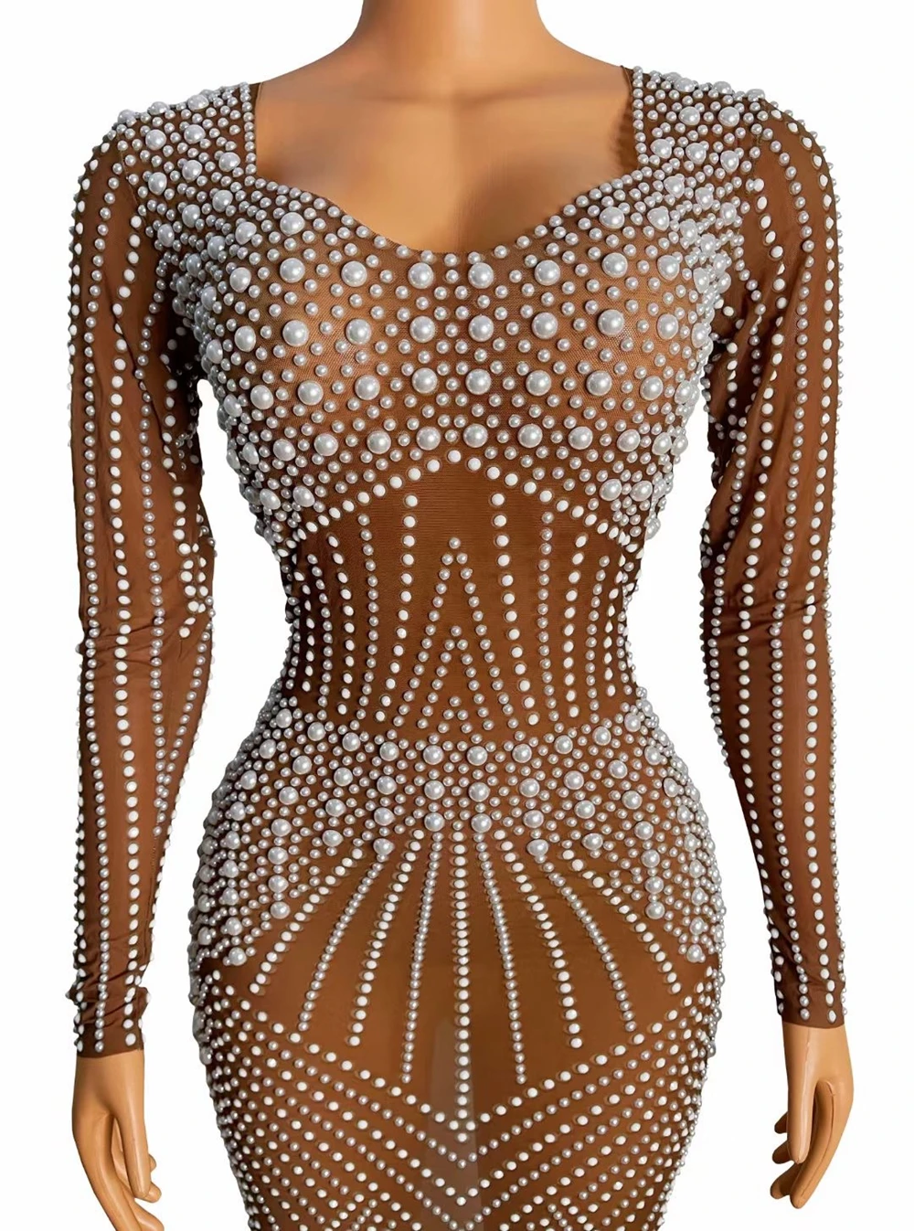 Vestido corto con perlas transparentes para mujer, vestido Sexy de malla elegante para fiesta de cumpleaños, celebración, espectáculo de baile, traje de actuación