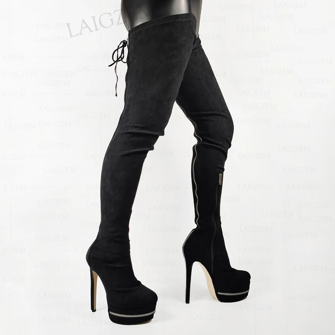 LAIGZEM Women Over Knee Boots Faux Suede Stiletto High Heels Boots Zip Up Party Cosplay Shoes Woman Large Size 41 45 47 50 52