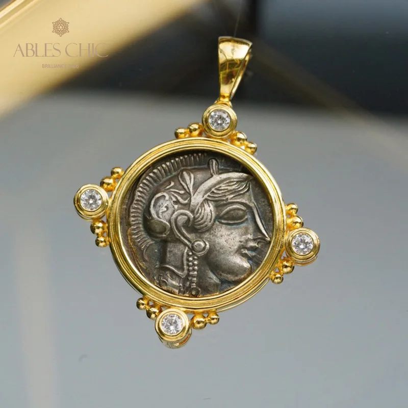 Ables Chic 925 Solid Silver Roman Antique Coin Double Side Pendant Ancient Sculpture Zircon Accent Necklace C11N3S25779