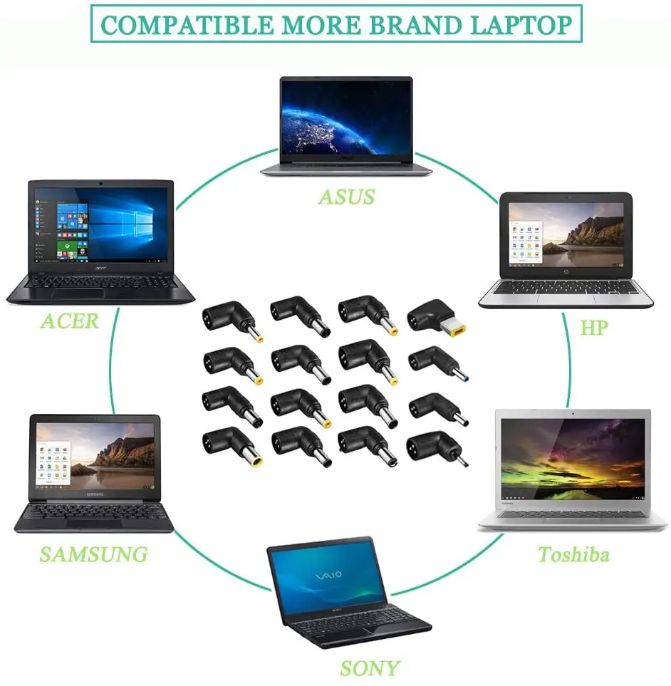 Универсальное зарядное устройство для ноутбука, 90 Вт, 110-240 В переменного тока в постоянный ток, 19 в, 20 в, 15 в, 16 В, совместимо с ноутбуками HP, Dell, Acer, Asus, Toshiba, Gateway, Lenovo