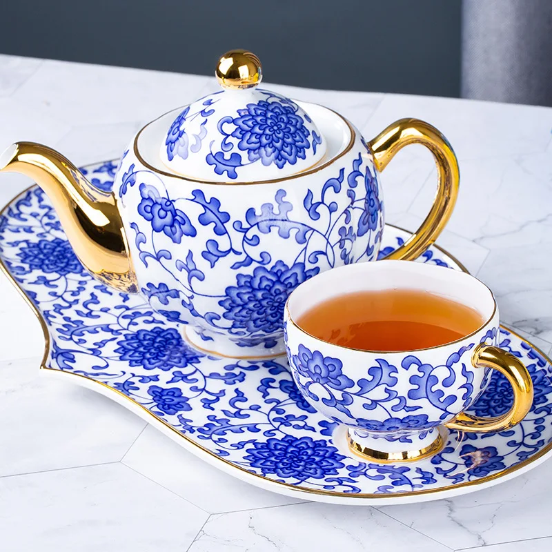 Chinese Bone China living room study traditional exquisite Ruyi blue lotus tea set household teapot teacup saucer