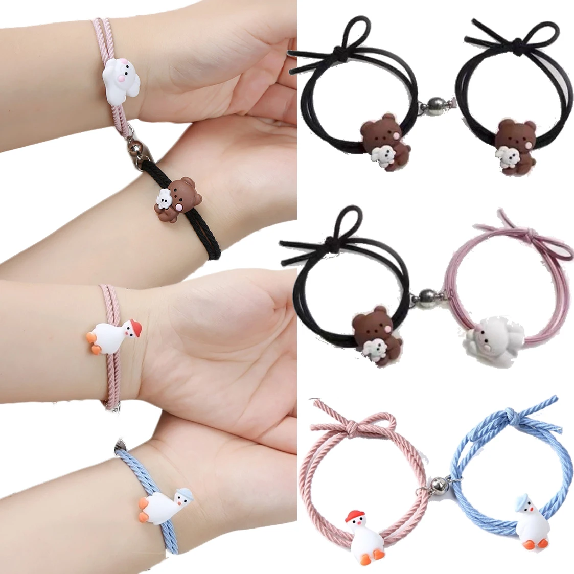 2pcs Magnet Couple Bracelets Cute Animals Pendant Magnetic Adsorption Paired Braclet Lovers Bracelet Braided Rope Wrist Chain