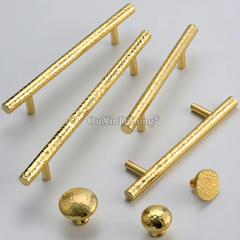 2PCS Modern Handmade Hammered Extended/Extra-Long Brass Cabinet Handle Wardrobe Knobs Drawer Pulls T Bar Furniture Handles FG582