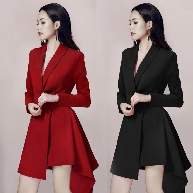 

JSXDHK Fashion Runway Notched Collar Dresses Spring Women Long Sleeve Double-breasted Party Dress Chic Ruffles Office OL Dress